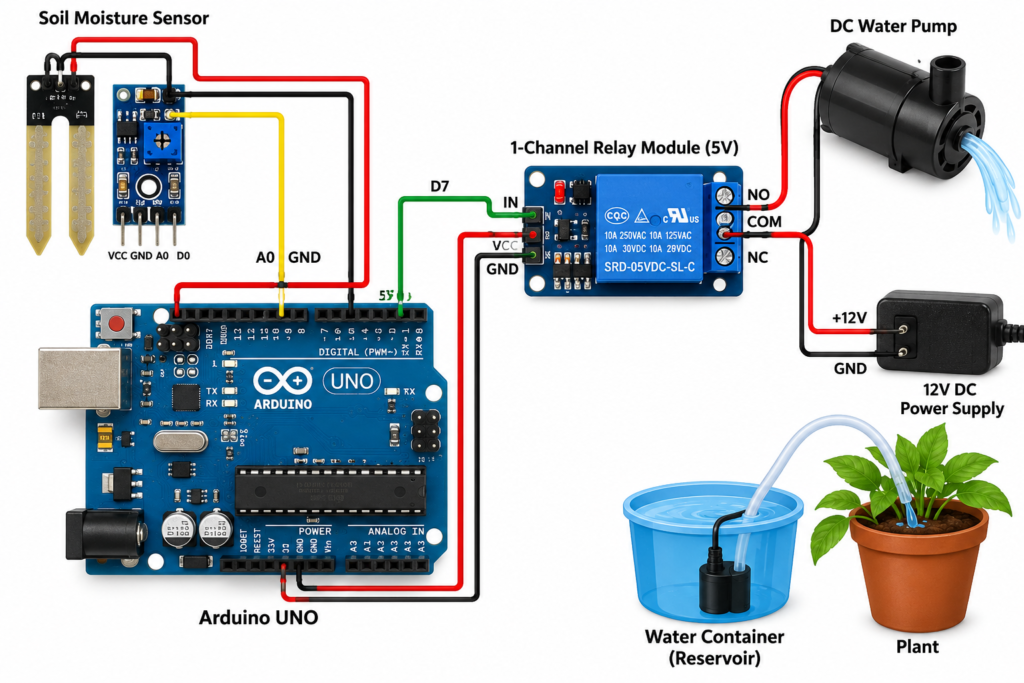 How to Build an Automatic Gardening System Using Arduino, Relay, Soil Moisture Sensor & Water Pump